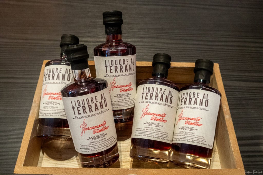 liquore al terrano bottles at tipicamente triestino shop. Terrano liquor is made with terrano wine and it is one of the best drinks in Trieste as after dinner