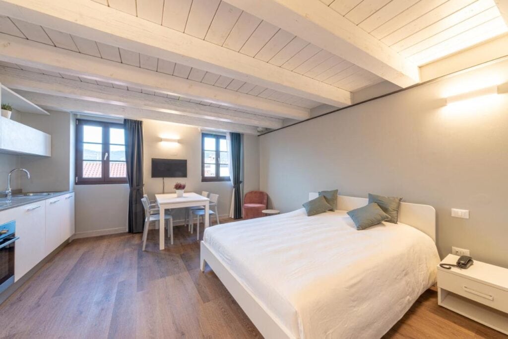 "Spacious and modern hotel room with kitchenette,