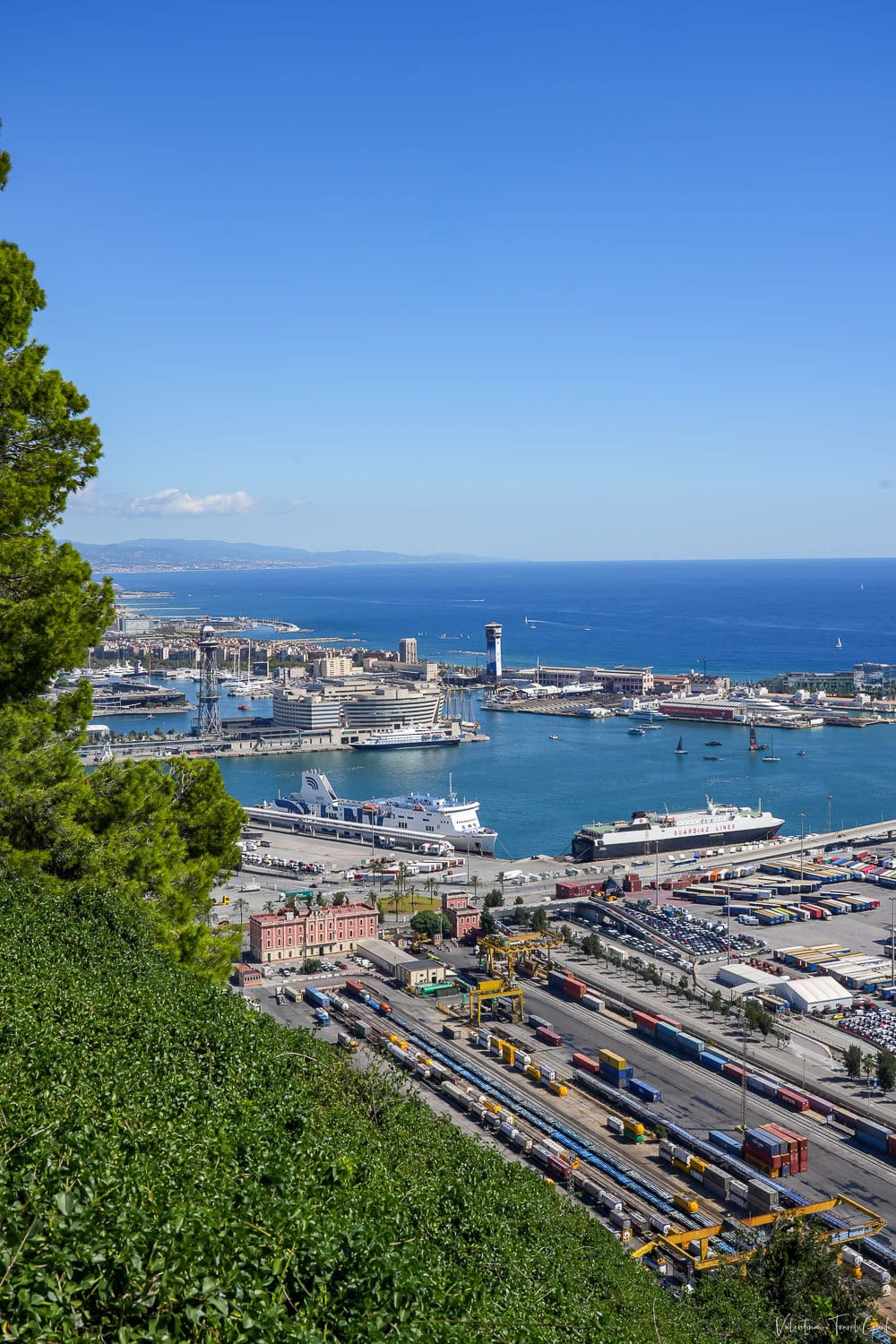 Vertical view of Porto Barcelona, showing a busy cruise and ferry terminal with several large vessels docked, including ships from GNV and Grandi Navi Veloci, and a cargo ship from the Spain-based Trasmediterránea line. The image includes colorful shipping containers, a train yard, and lush greenery in the foreground, with the city and coastline in the distance under a bright blue sky.